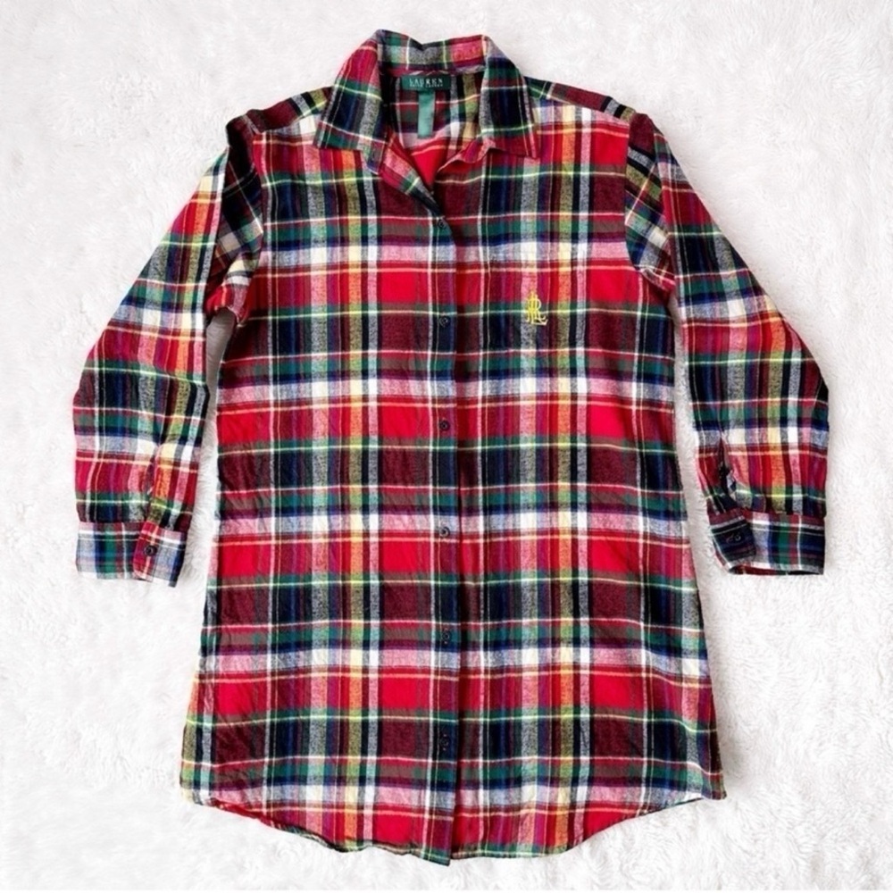 Lauren Ralph Lauren Women Plaid Button Front Shirt Dress Tunic SMALL Lounge
